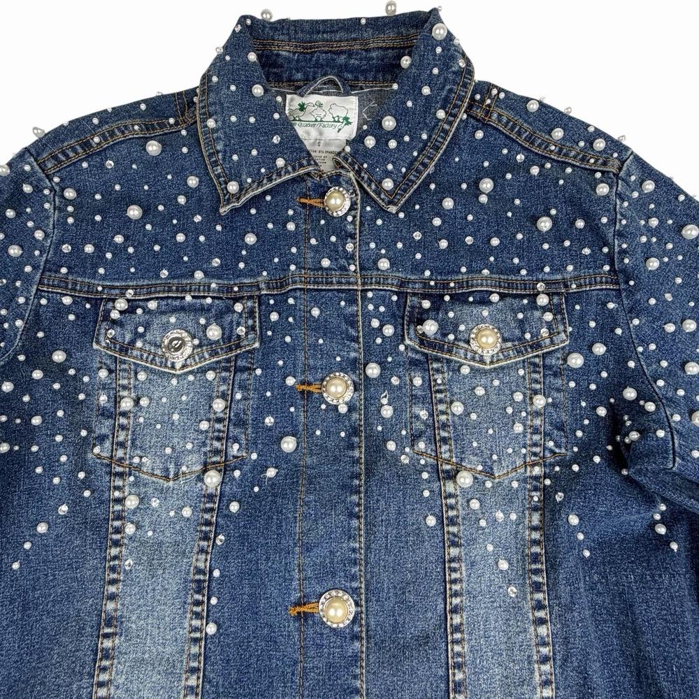 VTG Quaker Factory Denim Jacket Jean Beaded Pearl‎ Rhinestone Stretch Size Small